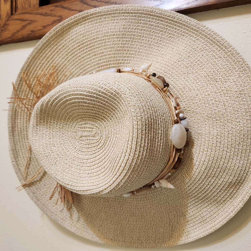 Boutique Beige Straw Sun Hat with Beaded Band